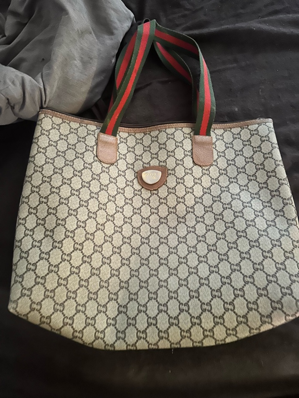 Gucci Beige Monogram Tote with Green-Red Striped Handles